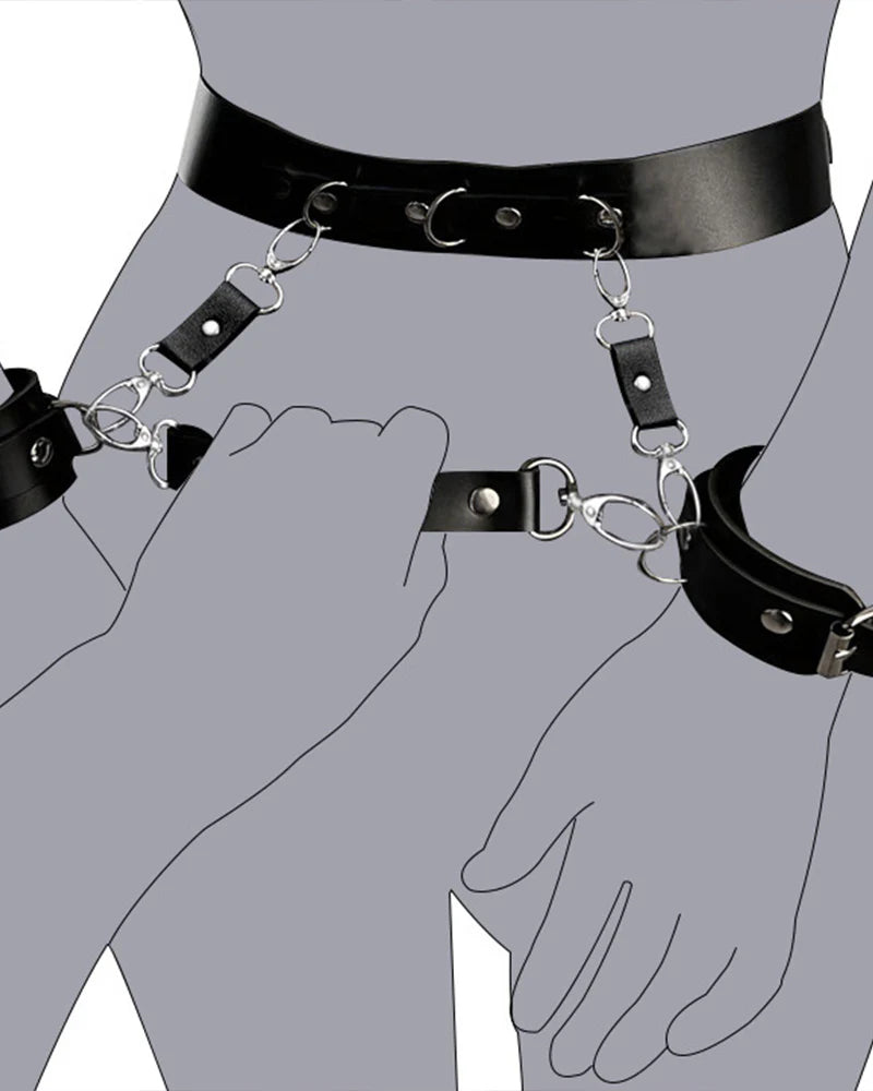 Leather Bondage Harness Set with Wrist Cuffs