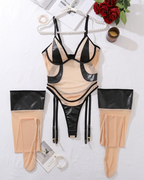 Mesh & PU Leather Spliced Bodysuit with Stockings