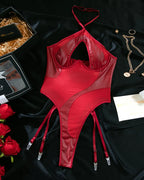 PU Leather & Sheer Mesh Halter Bodysuit