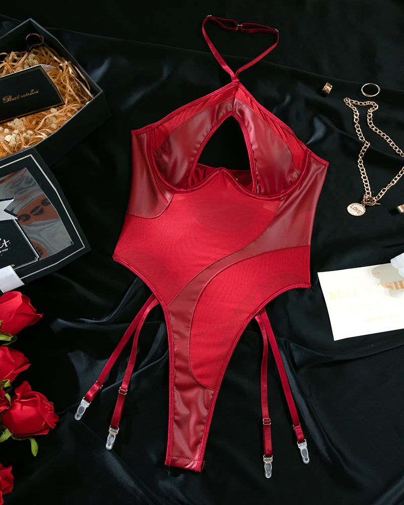 PU Leather & Sheer Mesh Halter Bodysuit