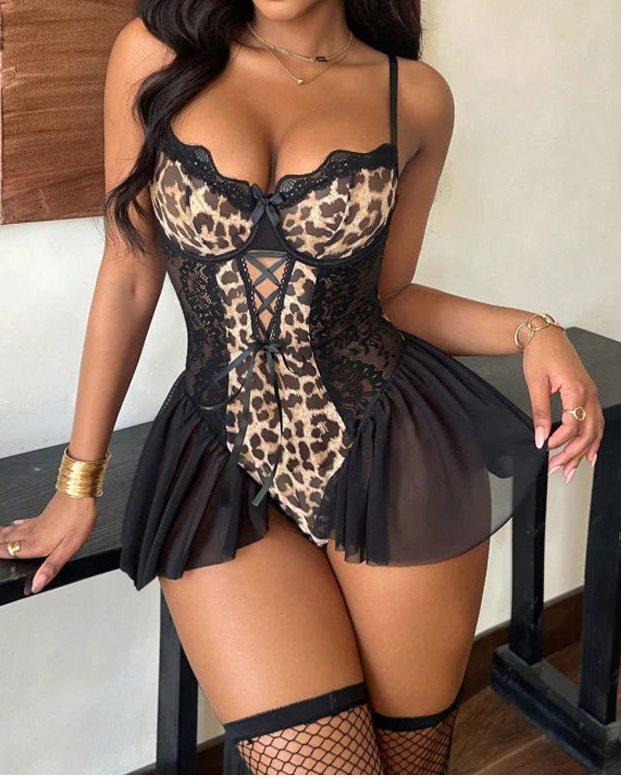 Leopard Lace Corset Babydoll Set with Fishnet Thigh