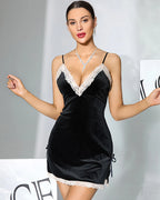 Velvet Lace Plunge Neckline Side Tie Nightdress