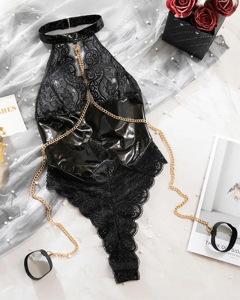 Lace Halter Choker Chain Harness Bodysuit