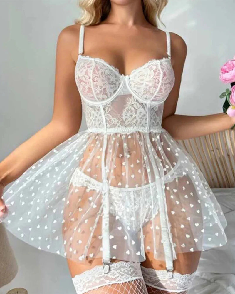 Floral Cups Heart Sheer Lace Lingerie Dress Set