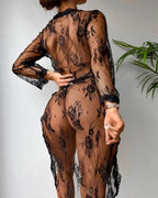 Sheer Floral Lace Long Robe Lingerie Set
