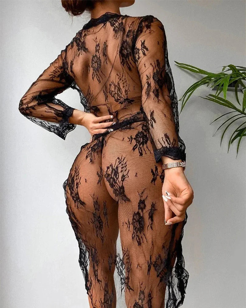 Sheer Floral Lace Long Robe Lingerie Set