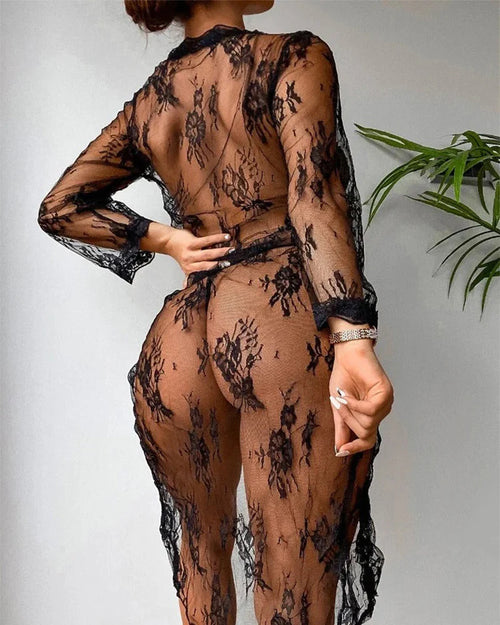 Sheer Floral Lace Long Robe Lingerie Set
