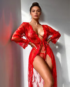 Sheer Floral Lace Long Robe Lingerie Set