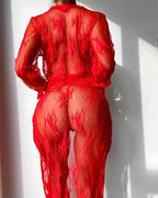 Sheer Floral Lace Long Robe Lingerie Set