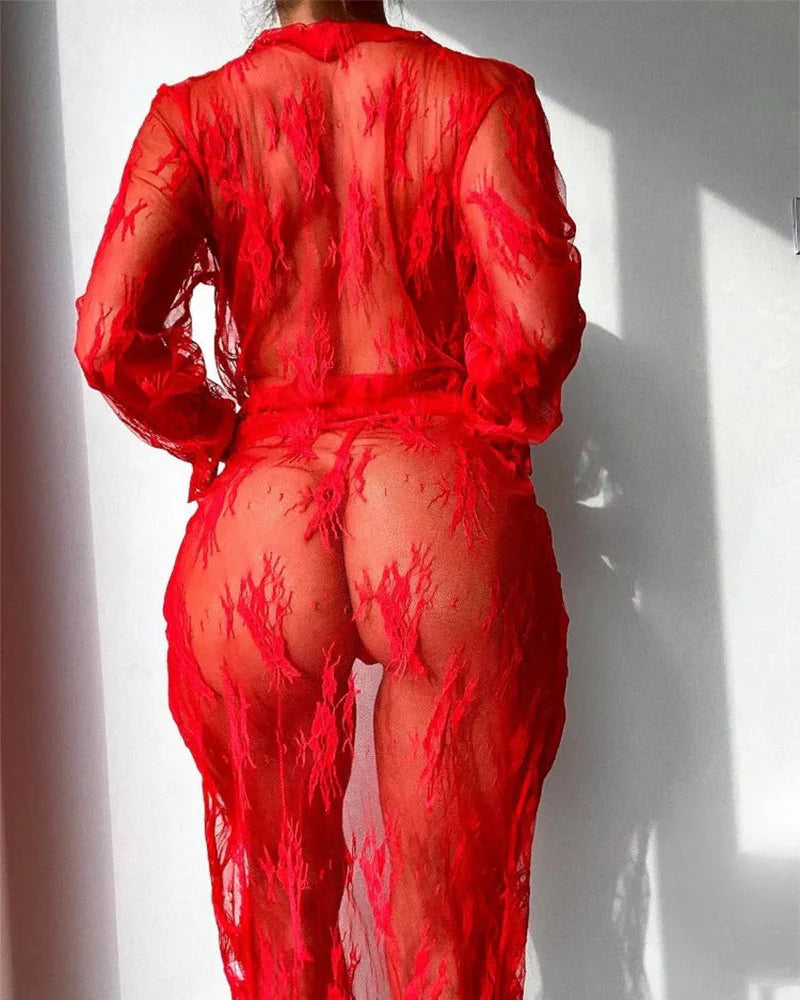 Sheer Floral Lace Long Robe Lingerie Set