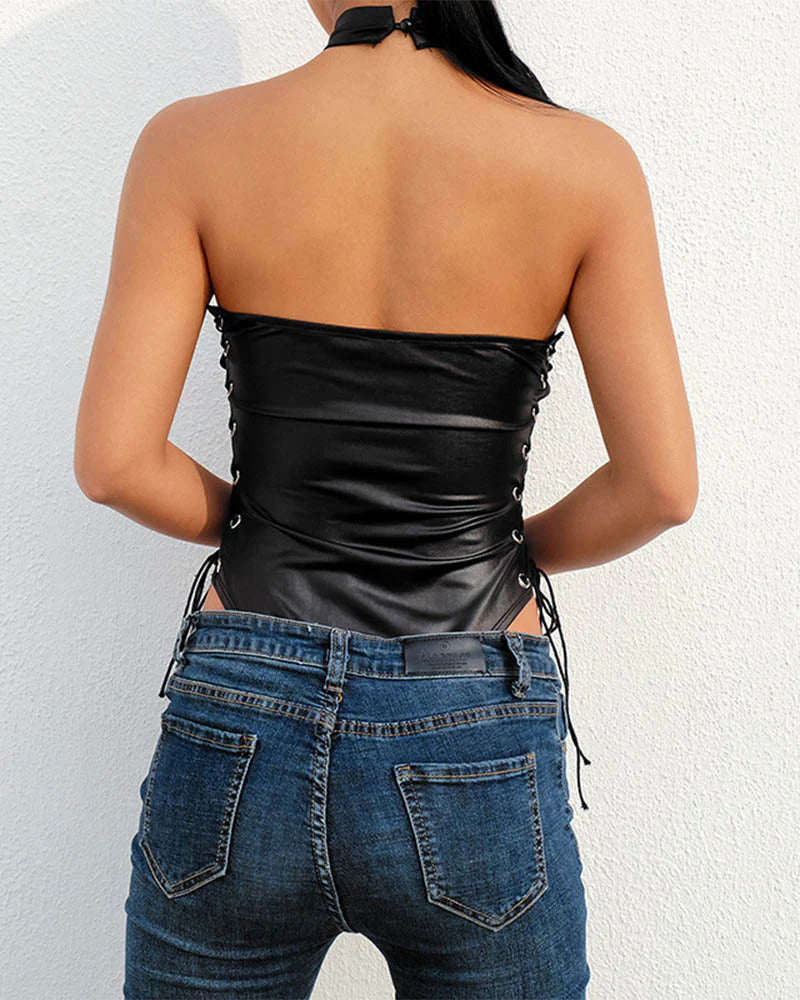 Leather Halter Lace-Up Bodysuit