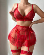 Sexy Lace See-through Mesh Lingerie Set with Stockings