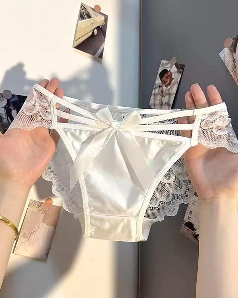 Sexy Low-rise Satin Bow-embroidered See-through Lace Panties