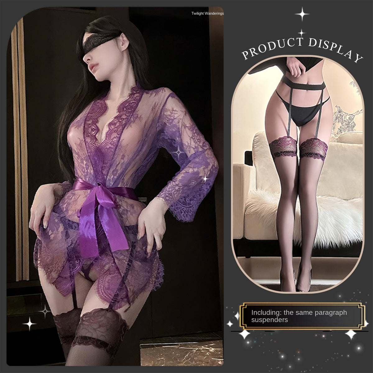 Sexy Slim-Fit Open-Bust Lace Mesh Long Sleeve Sleepwear Robe Set with Waist Belt
