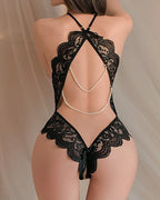 Sexy Lace Open Crotch Tights Pearl Backless Crotch Tights Pajama Set