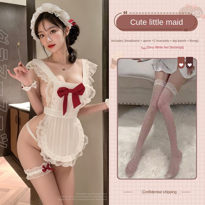 Bowknot Pure Desire Maid Backless Apron Set, Pull-Off Uniform Lingerie, Small Bust Sleepwear, Backless Flirty Lingerie