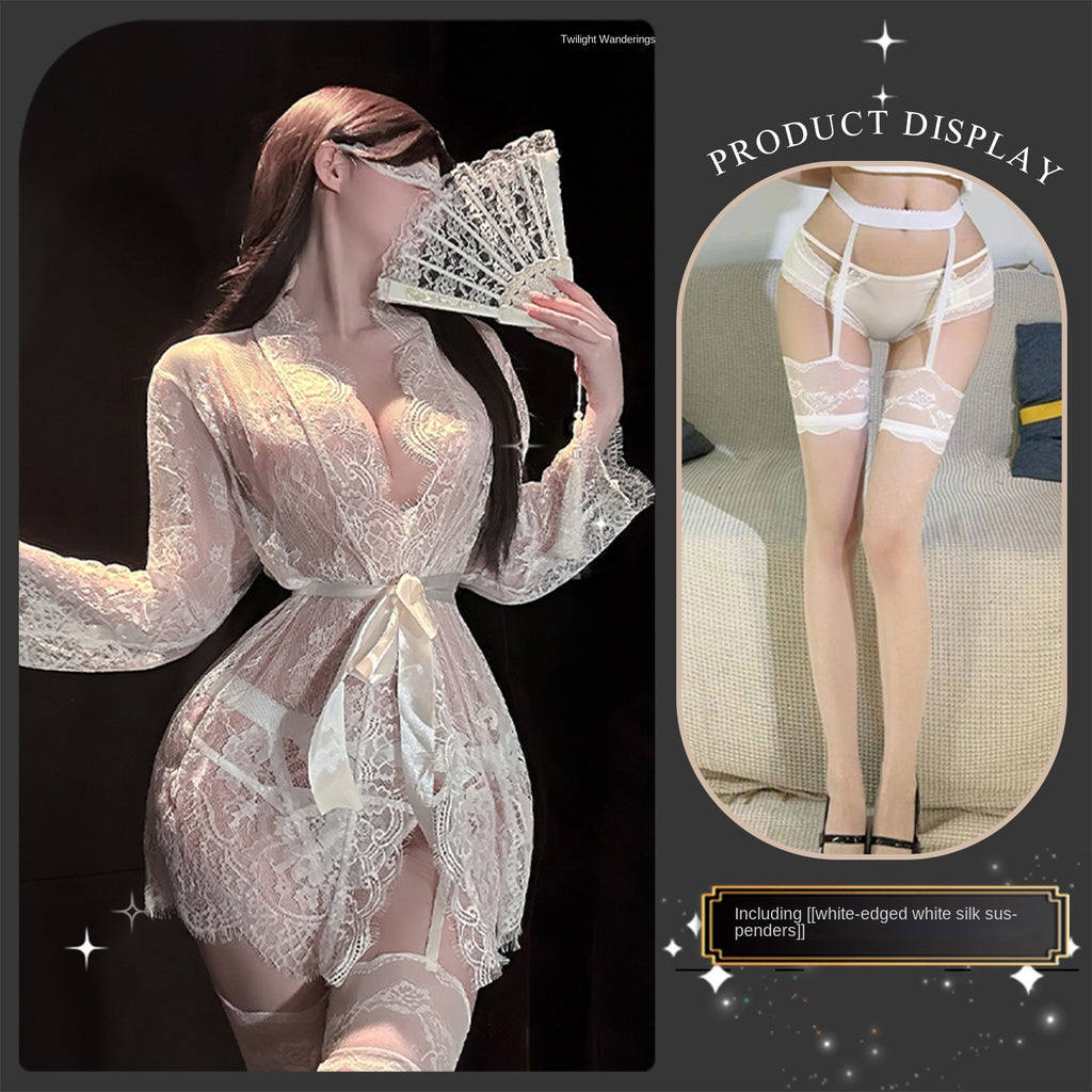 Sexy Slim-Fit Open-Bust Lace Mesh Long Sleeve Sleepwear Robe Set with Waist Belt
