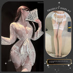 Sexy Slim-Fit Open-Bust Lace Mesh Long Sleeve Sleepwear Robe Set with Waist Belt