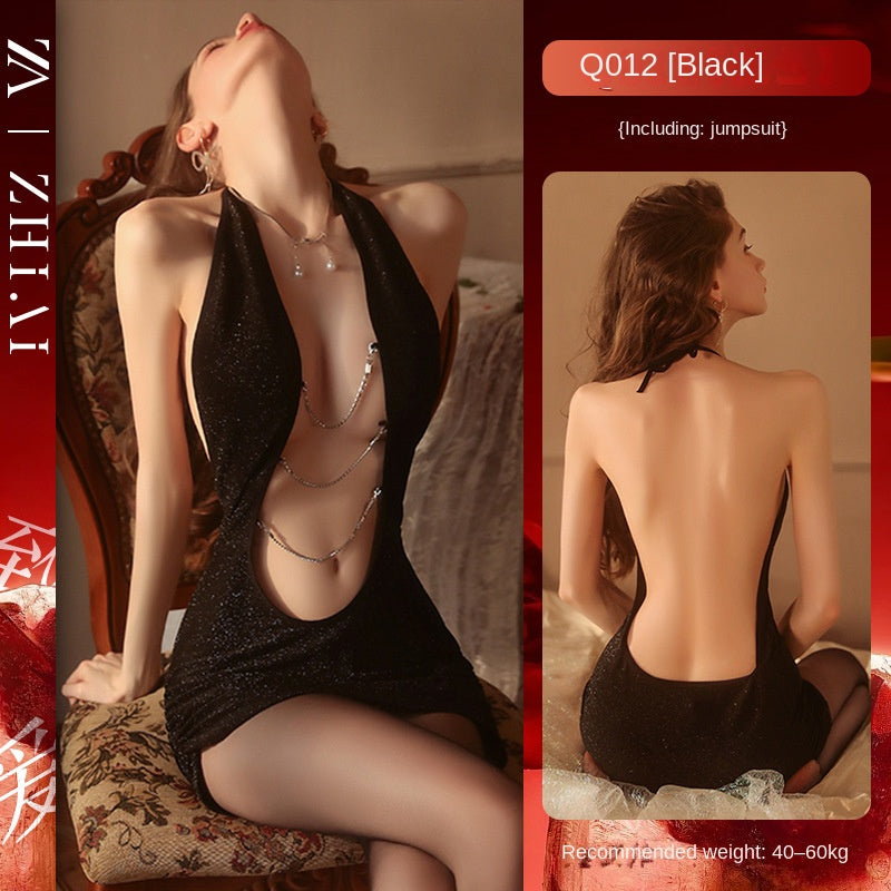 Sexy Lingerie, Sultry Minimalist Uniform Style, Nightclub-Inspired Hip-Hugging Skirt, Chain Detail, Halter Neck Sheer Outfit