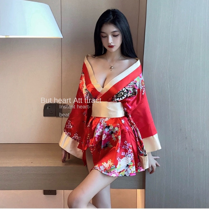 Shōwa Geisha Kimono Lingerie Robe, Sexy Deep V Cosplay Sleepwear