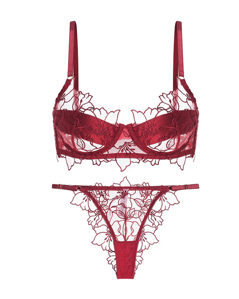 Sexy Floral Embroidered Lace See-Through Mesh Bra And Briefs Set