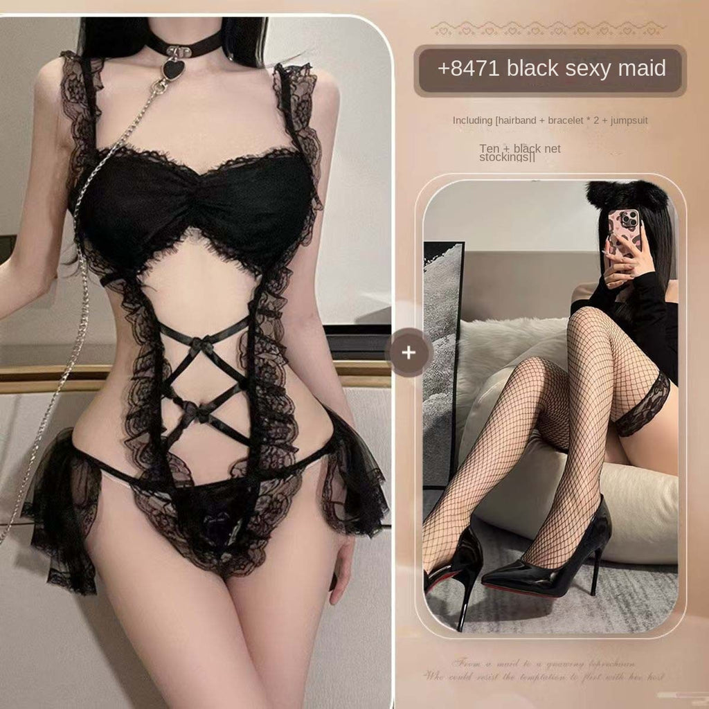 Lace Maid Lingerie Set, Sexy Sheer Uniform
