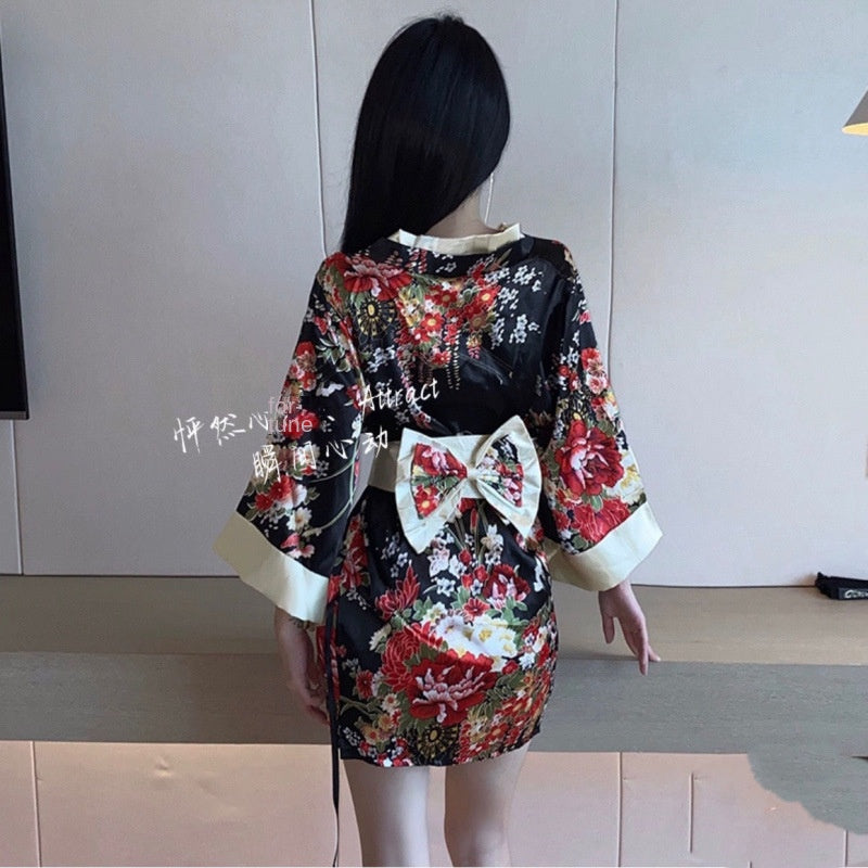 Shōwa Geisha Kimono Lingerie Robe, Sexy Deep V Cosplay Sleepwear