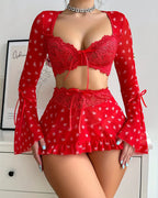 Sexy Heart-print Front-clasp Bra Long-sleeved Top and Skirt Lingerie Set