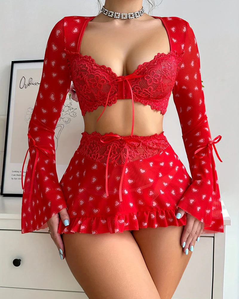 Sexy Heart-print Front-clasp Bra Long-sleeved Top and Skirt Lingerie Set