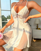 Satin Lace Patchwork Deep V-neck Backless Babydoll