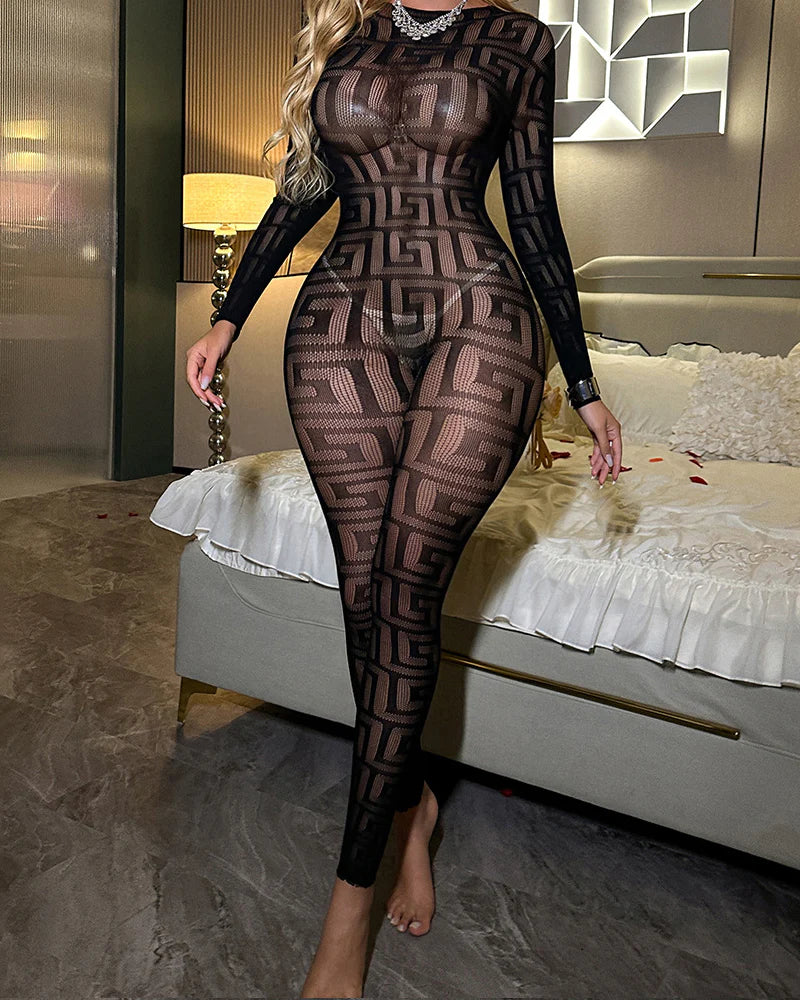 Sexy Round Neck See-through Stretch Long-sleeved Jumpsuit