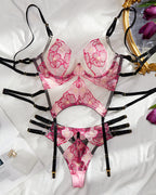 Sexy Deep V Colorblock Floral Embroidered Body-shaping See-through Lingerie and Garter Belt Set