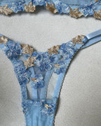 Blue Sexy Mesh Floral Embroidered See-through Lingerie Set