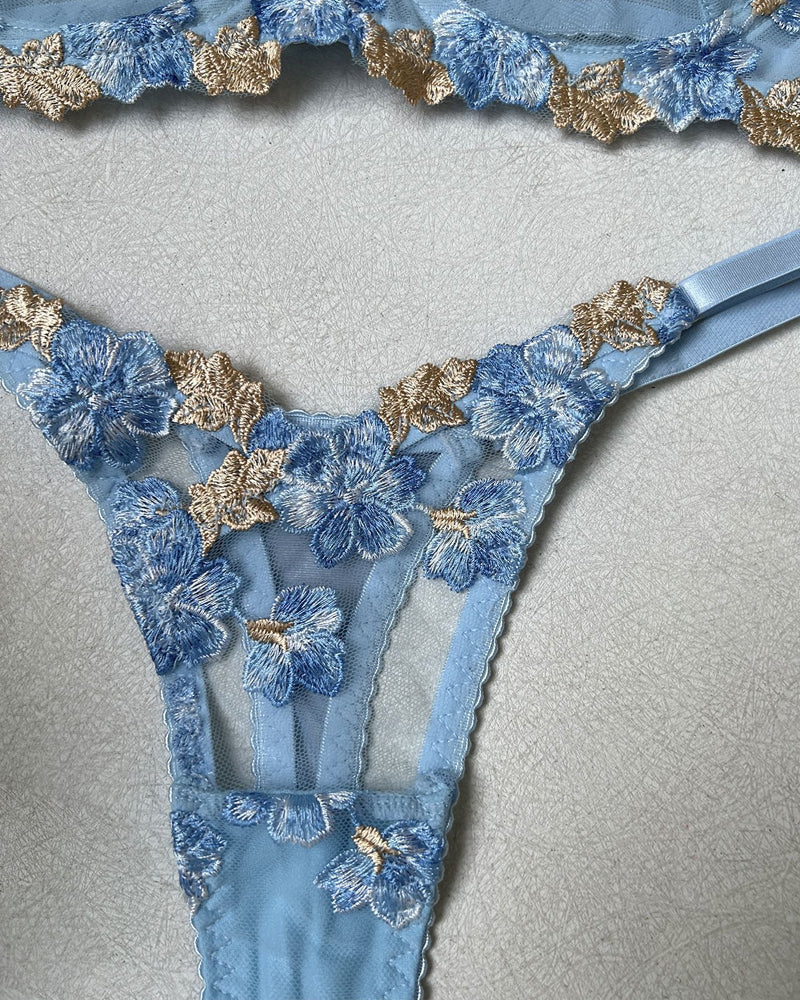 Blue Sexy Mesh Floral Embroidered See-through Lingerie Set