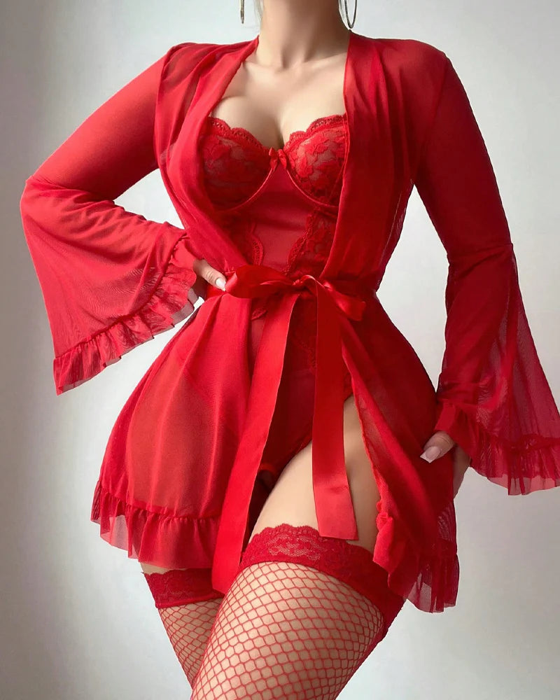 Sexy Lace Slip Dress Mesh See-through Tie-up Robe Loungewear Set