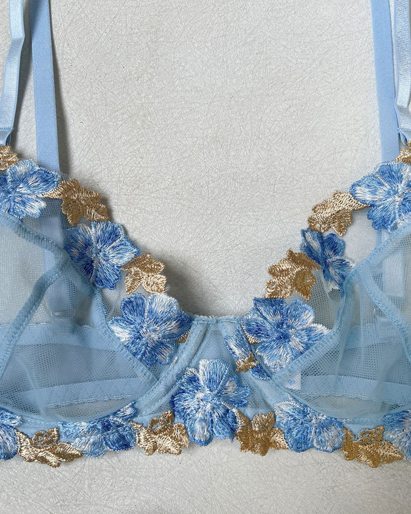 Blue Sexy Mesh Floral Embroidered See-through Lingerie Set