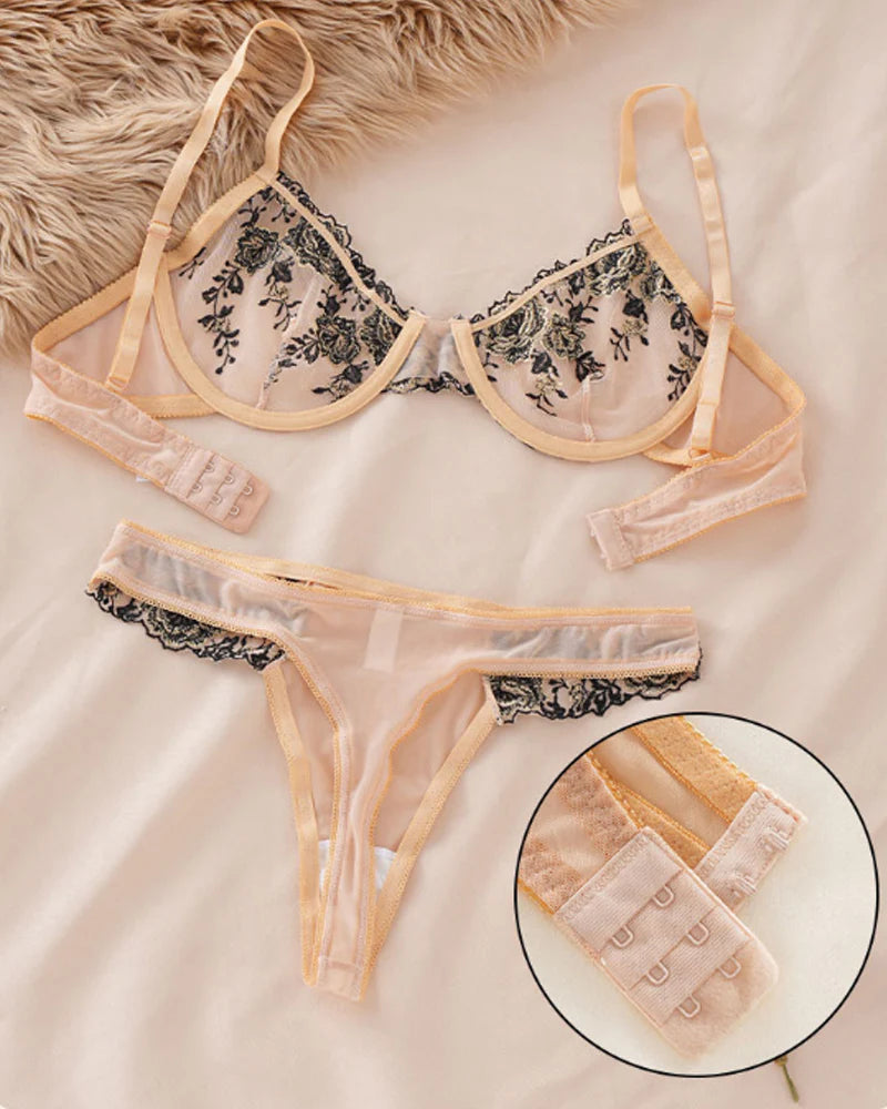 Sexy Push-up Embroidered Mesh See-through Lingerie Set