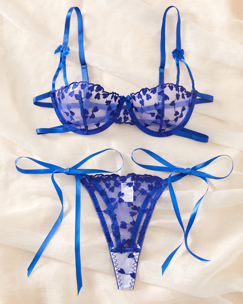 Sexy Sheer Mesh Heart-shaped Embroidery Underwire Lingerie Set