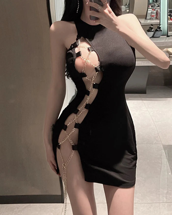 Sexy Metal Chain Strap Cutout Sleeveless Bodycon Dress