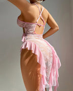 Pink Sexy Lace Ruffled Mesh Patchwork Irregular Lingerie Slip Nightgowns