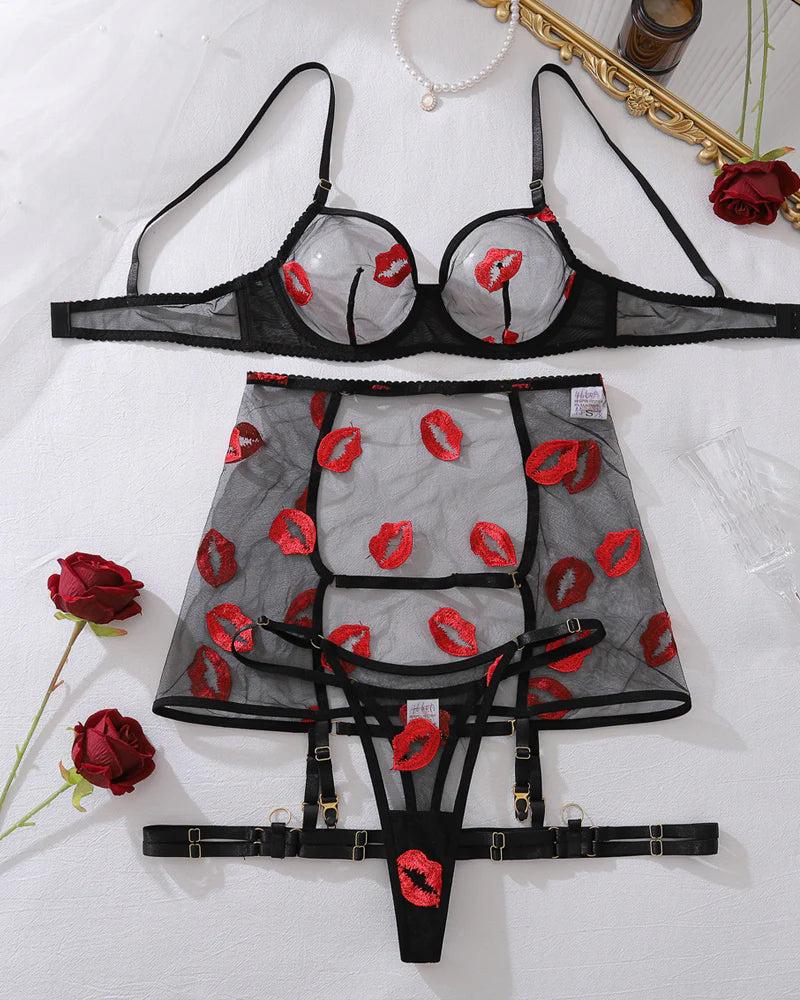 Sexy See-through Mesh Red Lips Embroidered Lingerie Set