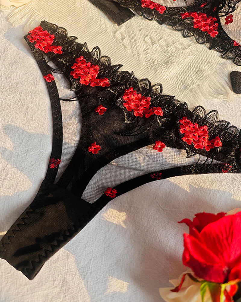 Sexy Floral Embroidered Lace See-through Mesh Underwire Lingerie Set