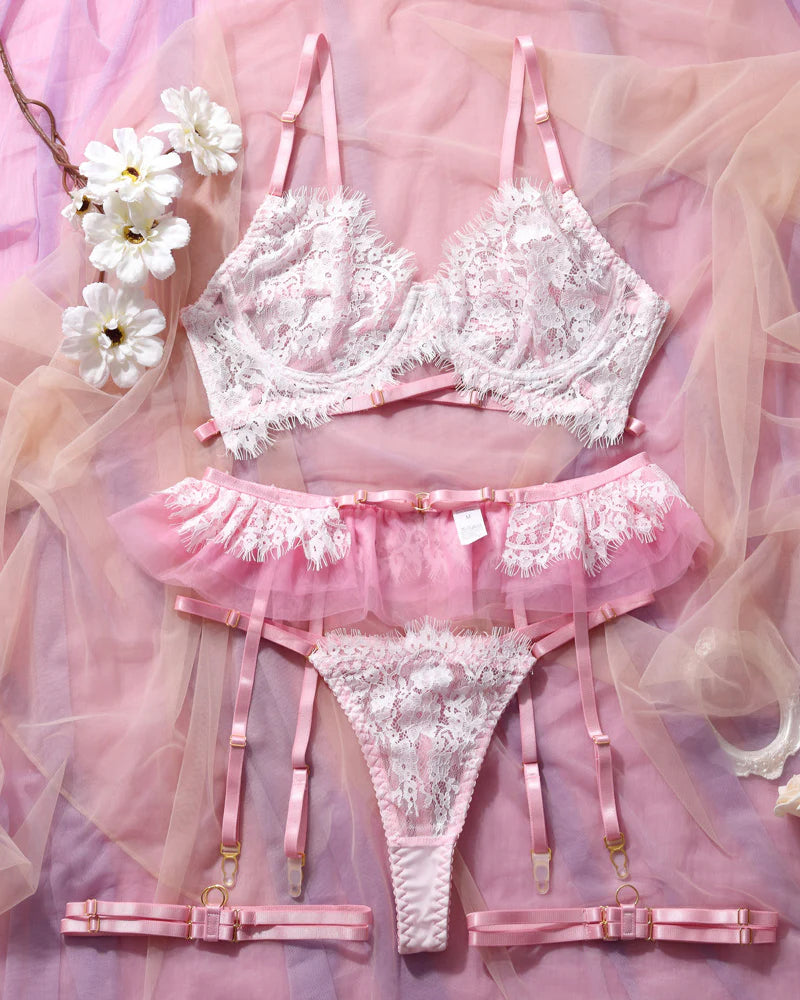 Pink Sexy Lace See-through Mesh Lingerie Set