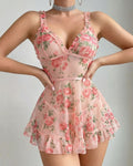 Deep V-neck Floral Print Sheer Mesh Ruffle Camisole Nightgown