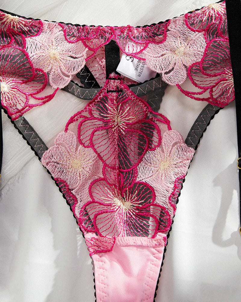 Sexy Deep V Colorblock Floral Embroidered Body-shaping See-through Lingerie and Garter Belt Set