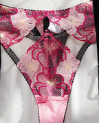 Sexy Deep V Colorblock Floral Embroidered Body-shaping See-through Lingerie and Garter Belt Set