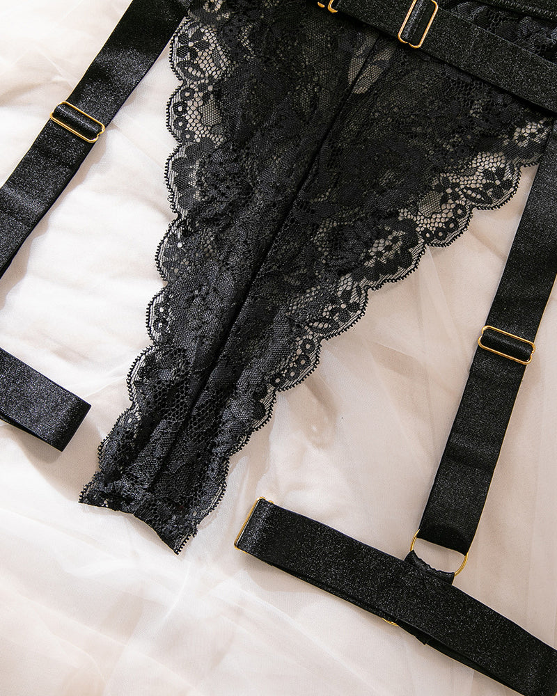 Deep V-neck Halter Neck Lace Sheer Bodysuit