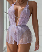 Sexy Floral Polka Dot Lace Deep V Bodysuit Lingerie