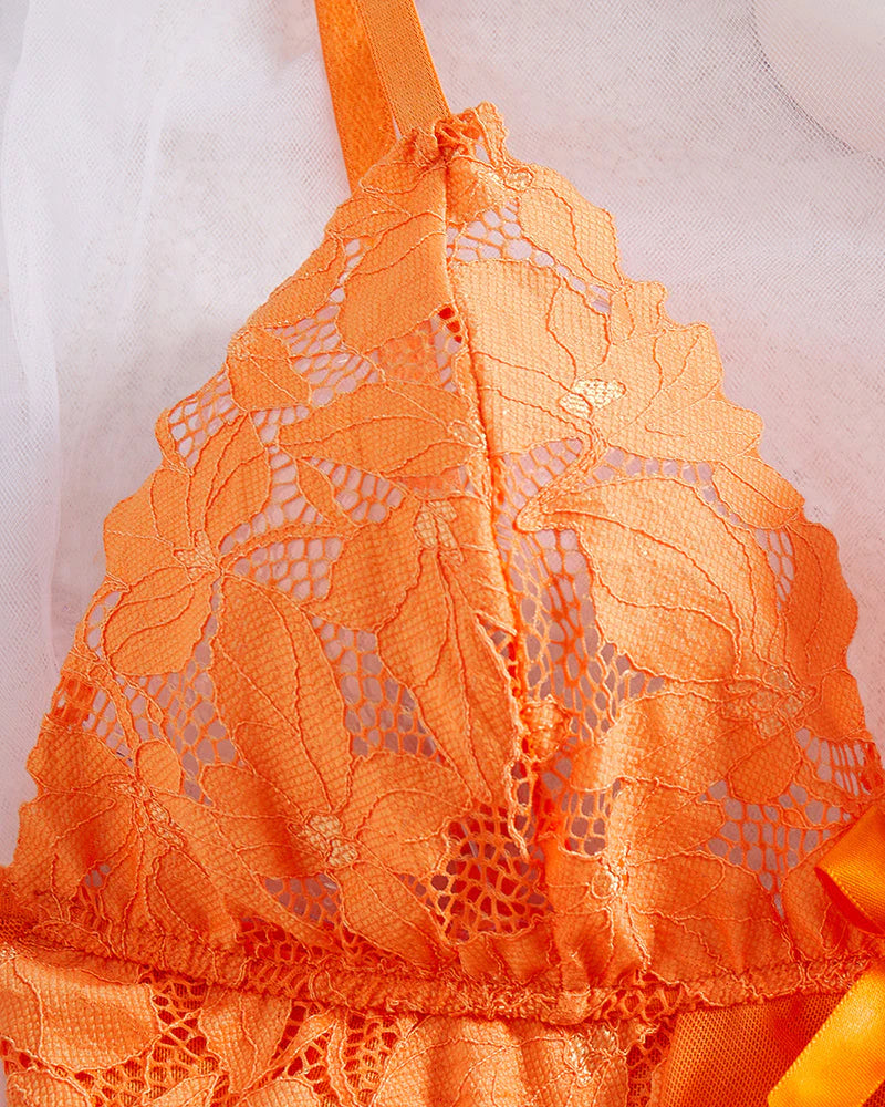 Sexy Deep V Flower Lace Mesh See-through Suspender Nightdress