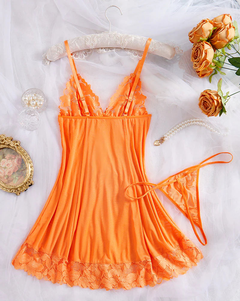 Sexy Deep V Flower Lace Mesh See-through Suspender Nightdress